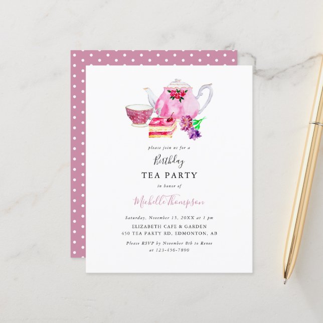 Budget Birthday Tea Party Pink Teapot Script  (Front/Back In Situ)