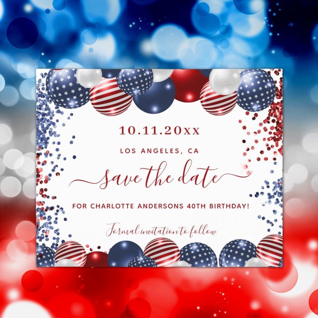 Budget birthday USA red white blue save the date (Creator Uploaded)