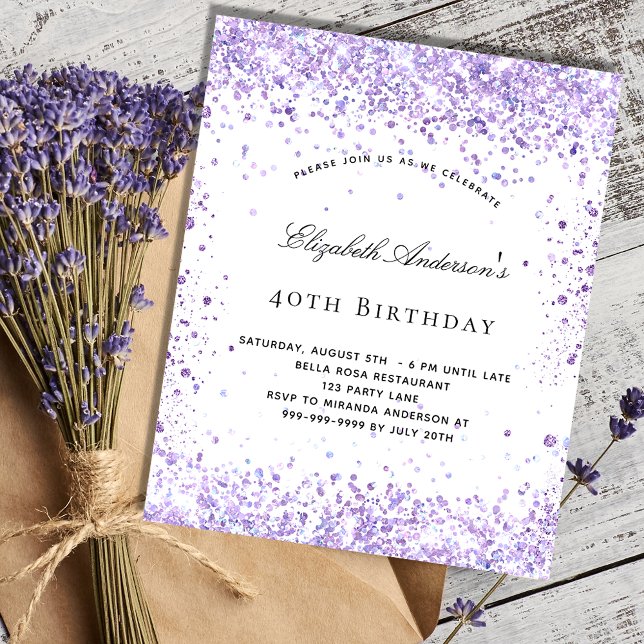 Budget birthday violet glitter script invitation (Creator Uploaded)