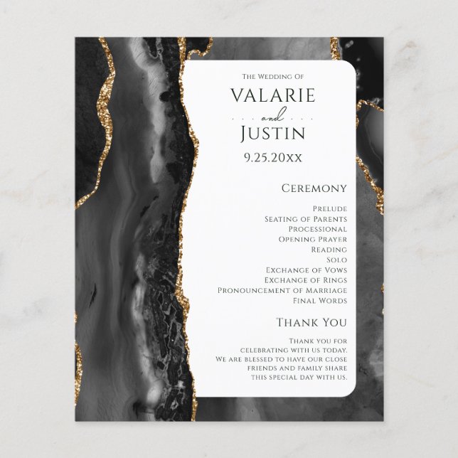 Budget Black Agate Gold Glitter Wedding Program (Front)