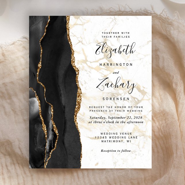Budget Black Agate Gold Marble Wedding Invitation (Creator Uploaded)
