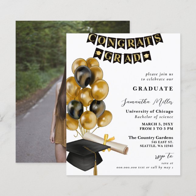 Budget Black and Gold Balloons Photo Graduation (Front/Back)
