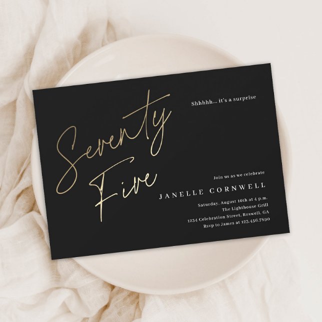 Budget Black and Gold Script 75th Birthday Invite (Modern gold script 75th birthday party budget paper invitations.)