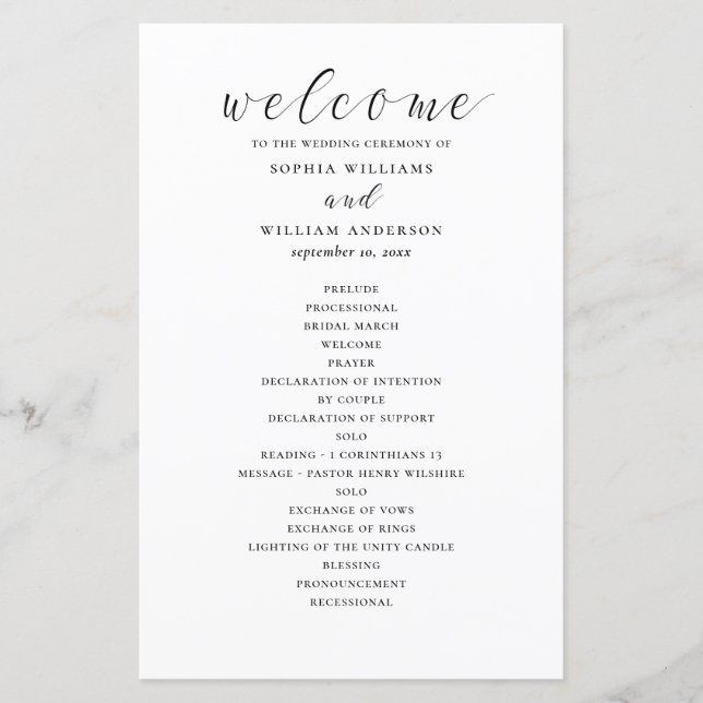 Budget black and white calligraphy wedding program (Front)