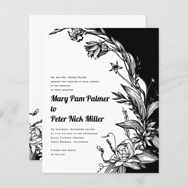 BUDGET Black and white floral wedding invitation (Front/Back)