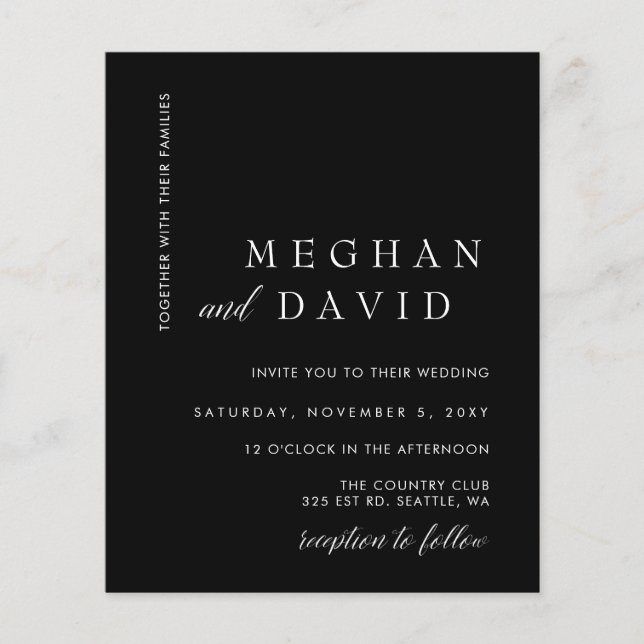 Budget Black and White Modern Wedding Invitation (Front)