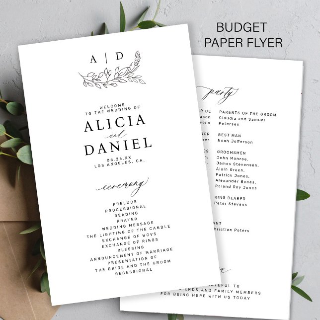 Budget black and white monogram wedding program flyer (Creator Uploaded)