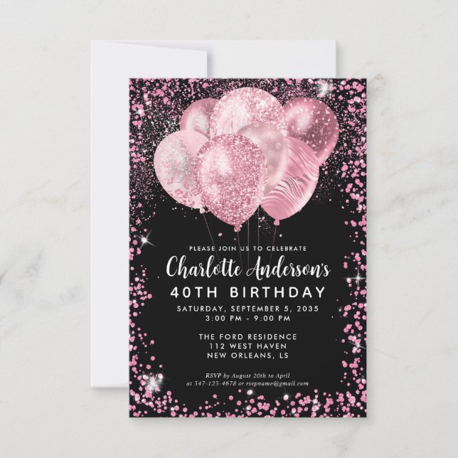 Budget Black Blush Pink Glitter Balloon Birthday Card (Front)