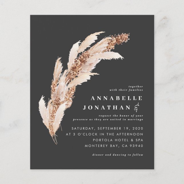 Budget black boho pampas elegant wedding invite flyer (Front)