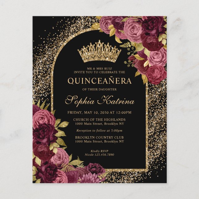 Budget Black Burgundy Glam Gold Floral Quinceanera (Front)