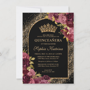 Budget Black Burgundy Glam Gold Floral Quinceanera Card