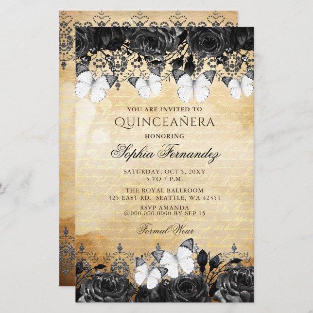 Budget Black Butterfly Quinceañera Invitation (Front/Back)