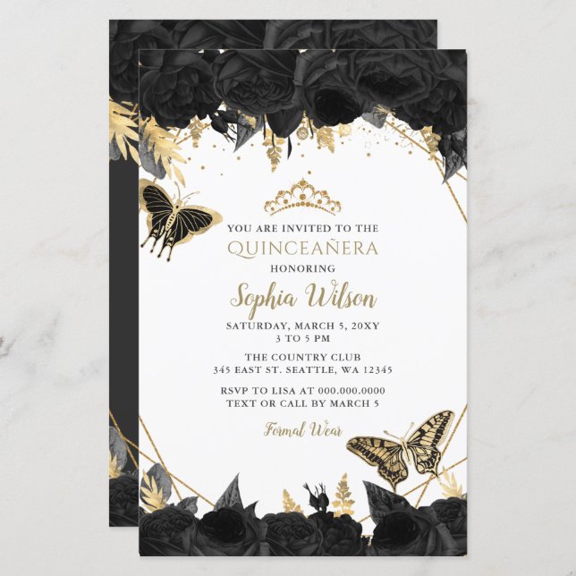 Budget Black Butterfly Quinceañera Invitation (Front/Back)