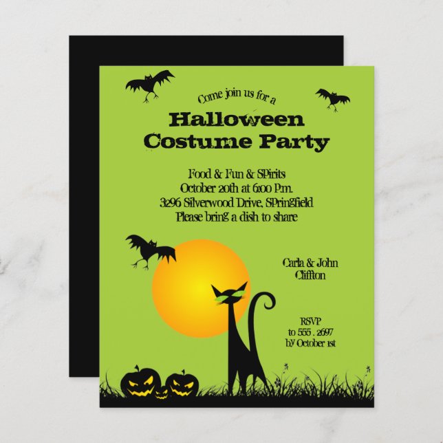 Budget Black Cat Halloween Invitations (Front/Back)