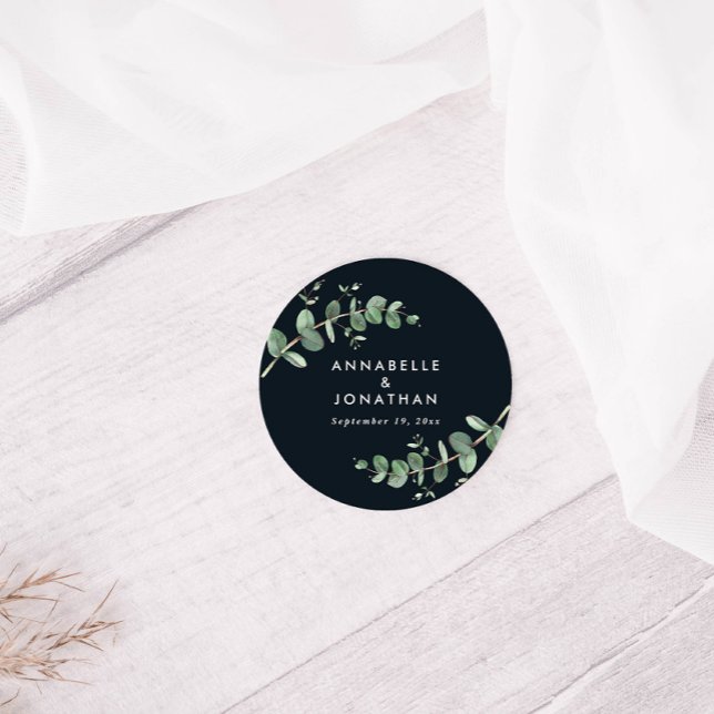 Budget black eucalyptus foliage wedding favour classic round sticker (Creator Uploaded)