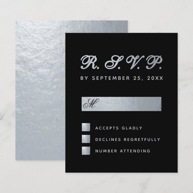 Budget Black Faux Silver Calligraphy Wedding RSVP (Front/Back)