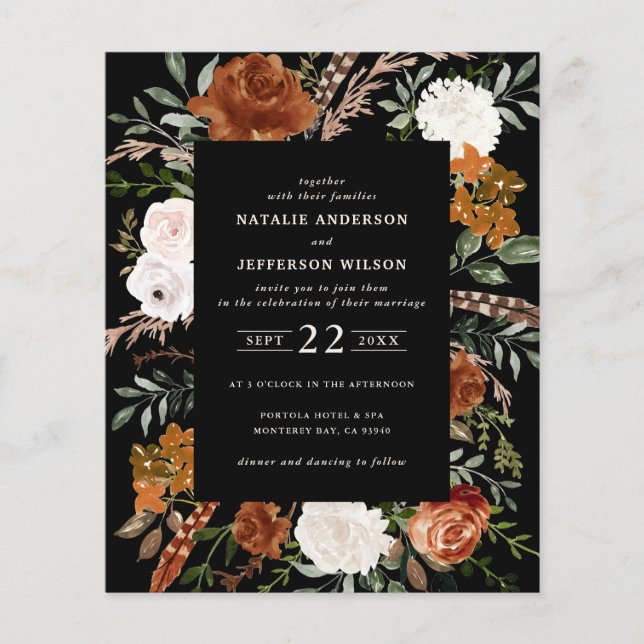 Budget black floral wedding details invite flyer (Front)