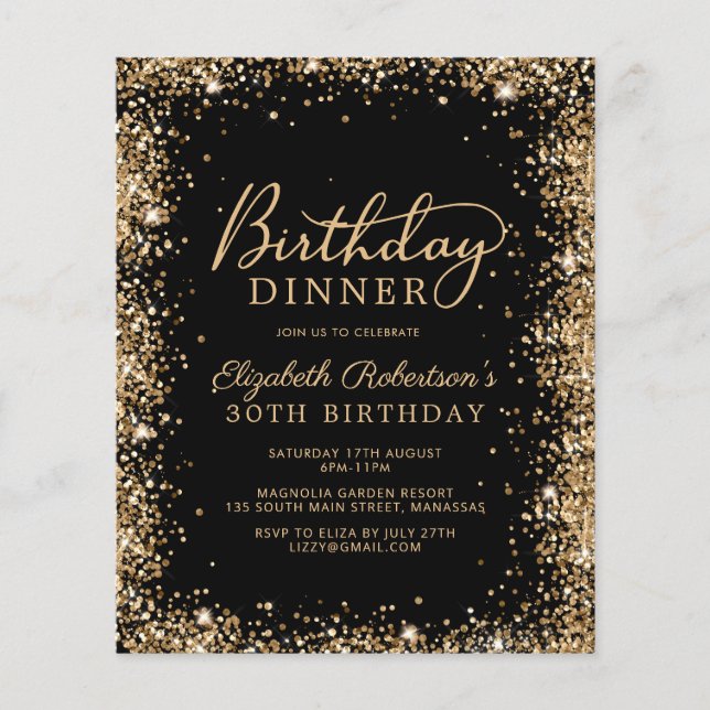 Budget Black Gold 30th Birthday Dinner Invitation (Front)