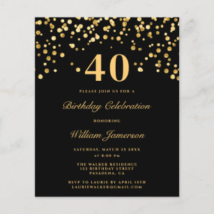 Budget Black Gold 40th Birthday Mens Modern Invite