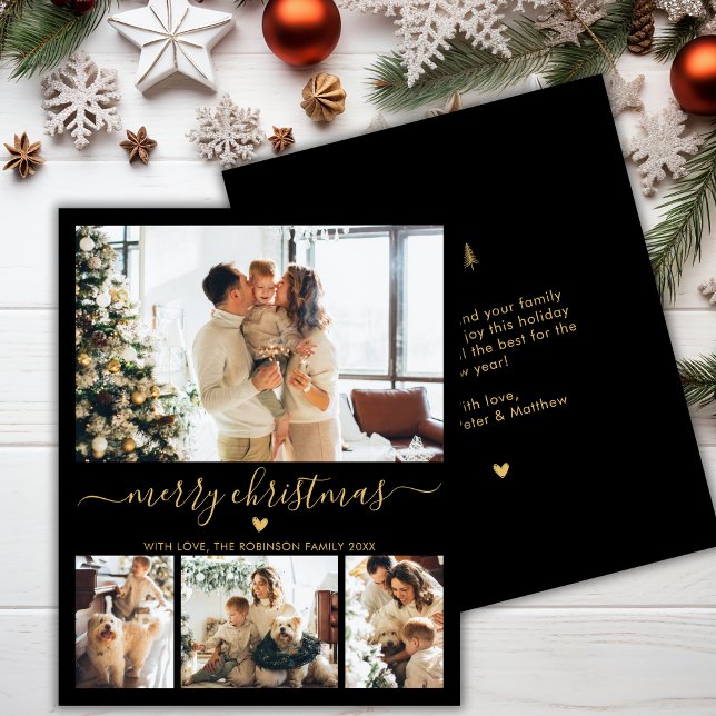 Budget Black Gold 4 Photo Collage Christmas Card (Creator Uploaded)