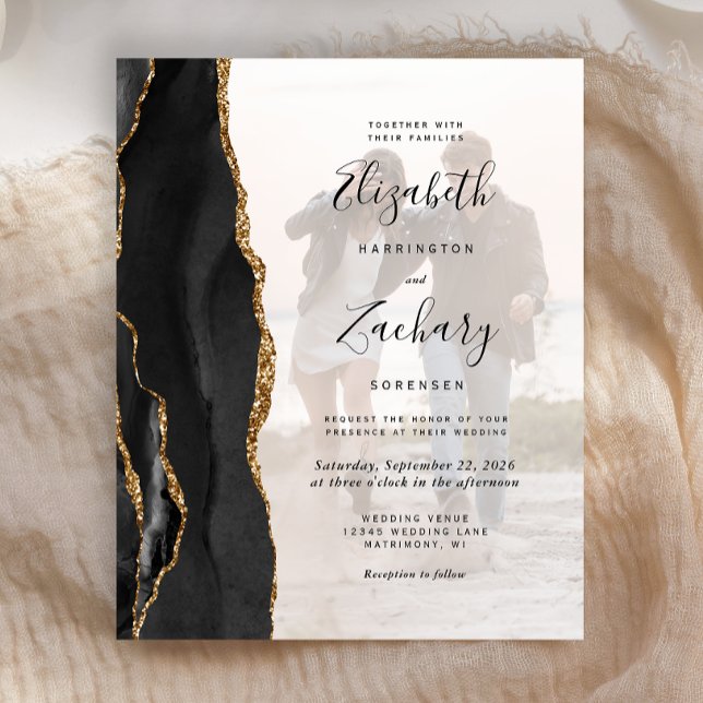 Budget Black Gold Agate 2-Photo Wedding Invitation (Creator Uploaded)