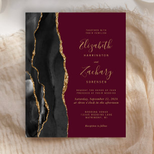 Budget Black Gold Agate Burgundy Wedding Invite