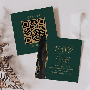 Budget Black Gold Agate Green Wedding QR Code RSVP Enclosure Card