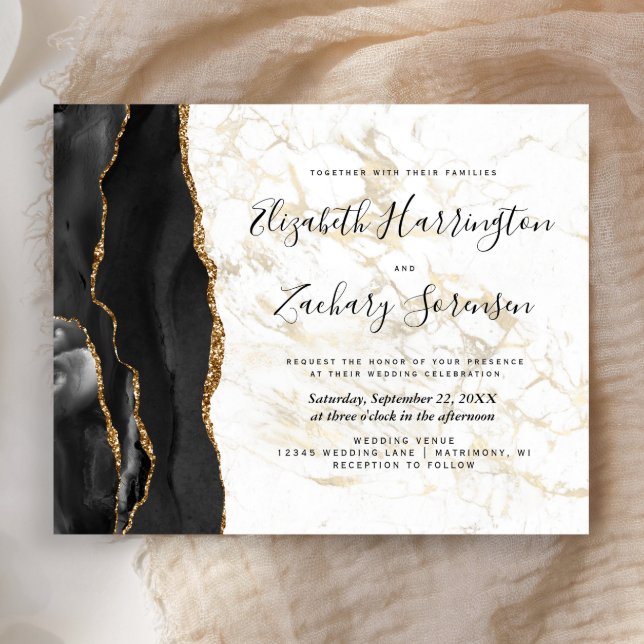 Budget Black Gold Agate Marble Wedding Invitation (Creator Uploaded)