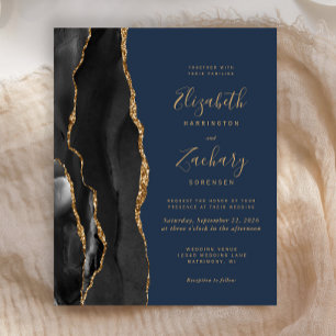Budget Black Gold Agate Navy Blue Wedding Invite