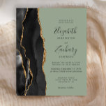 Budget Black Gold Agate Sage Green Wedding Invite<br><div class="desc">The left-hand edge of this elegant modern wedding invitation features a black watercolor agate border trimmed with faux gold glitter. The customisable text combines gold-coloured handwriting,  copperplate and italic fonts on a sage green background. The reverse side features a matching black and gold agate design.</div>