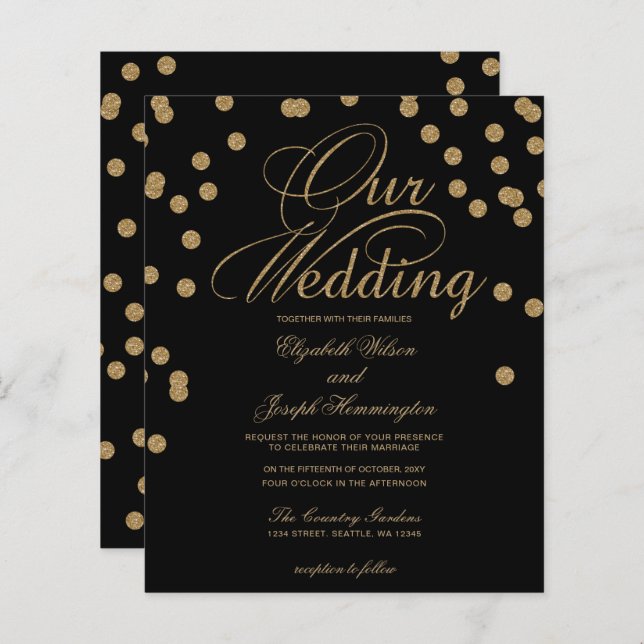 Budget Black Gold Confetti Wedding Invitation (Front/Back)