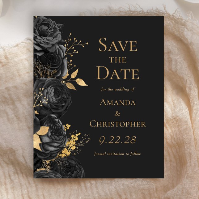 Budget Black Gold Dark Floral Save the Date (Creator Uploaded)