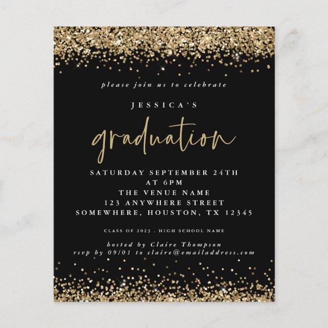 Budget Black Gold Glitter 2024 Graduation Invite (Front)