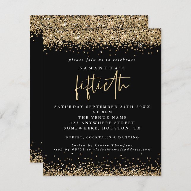 Budget Black Gold Glitter 50th Party Invitation (Front/Back)