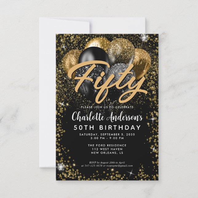 Budget Black Gold Glitter Balloon Any Age Birthday Card (Front)