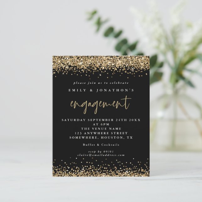 Budget Black Gold Glitter Engagement Invitation (Standing Front)