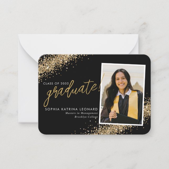Budget Black Gold Glitter Grad Photo Graduation Card (Front)