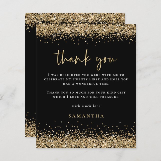 Budget Black Gold Glitter Twenty First Thank You (Front/Back)