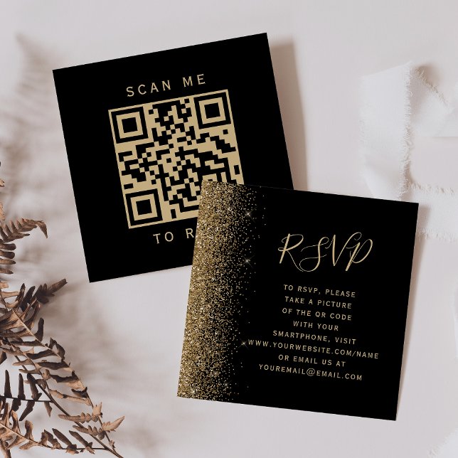 Budget Black Gold Glitter Wedding QR Code RSVP Enclosure Card (Creator Uploaded)