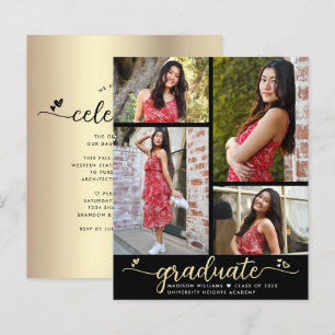 Budget Black Gold Graduation 4 Photo Script Invite