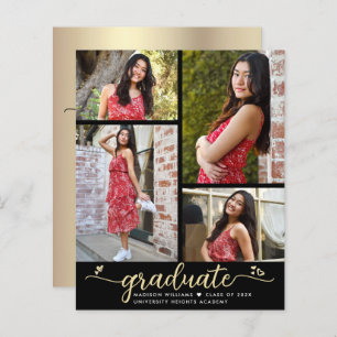 Budget Black Gold Graduation 4 Photo Script Invite