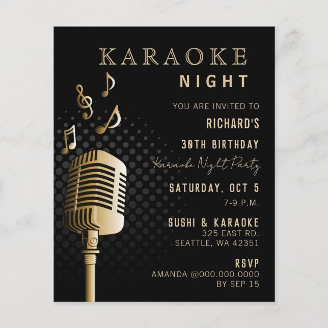 Budget Black Gold Karaoke Night Party Invitation (Front)