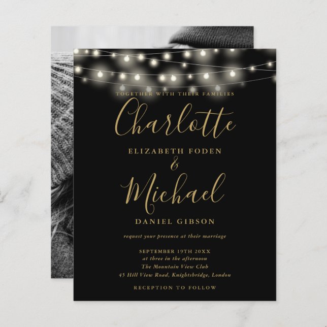 Budget Black Gold Lights Photo Wedding Invitation (Front/Back)