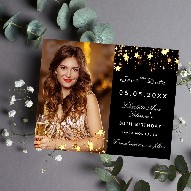 Budget black gold photo birthday Save the Date (Creator Uploaded)