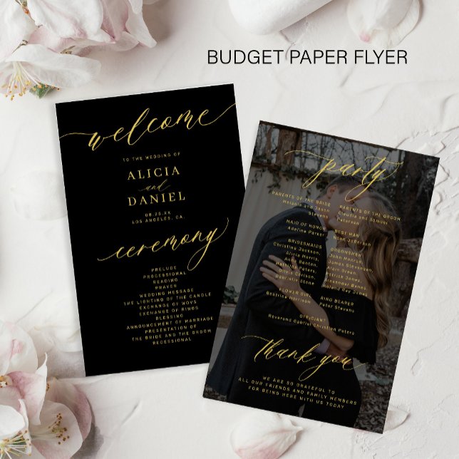 Budget black gold photo wedding program flyer (Creator Uploaded)