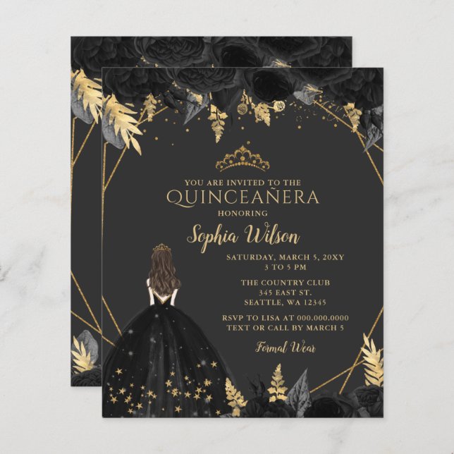 Budget Black Gold Princess Quinceañera Invitation (Front/Back)