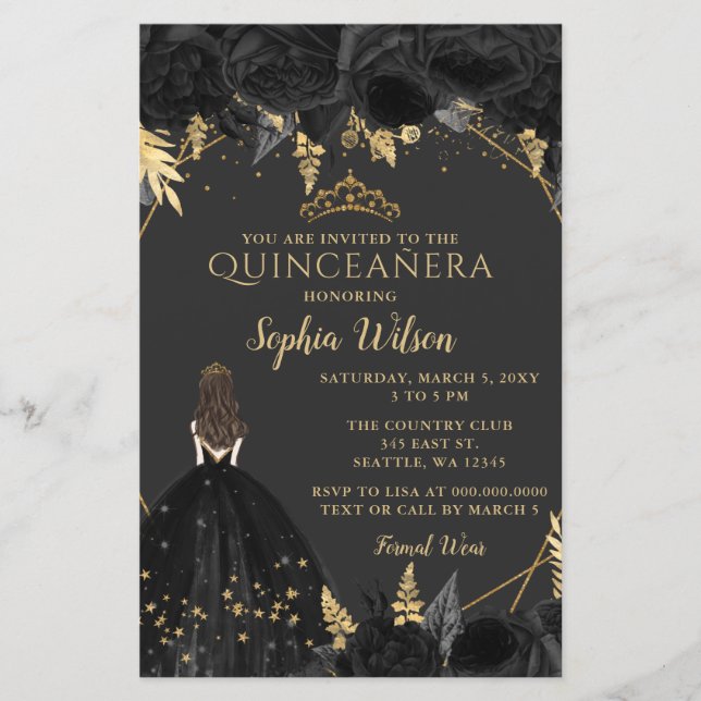 Budget Black Gold Princess Quinceañera Invitation (Front)