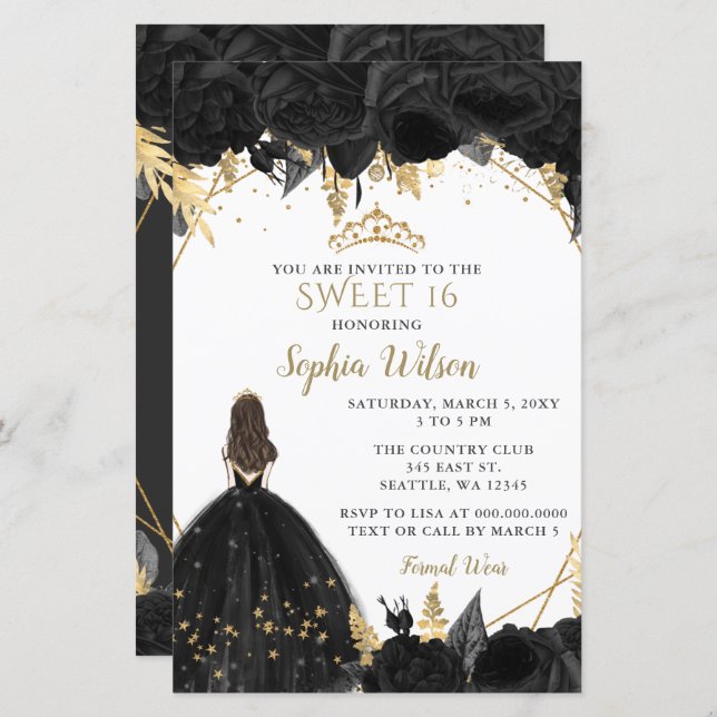 Budget Black Gold Princess SWEET 16  Invitation (Front/Back)