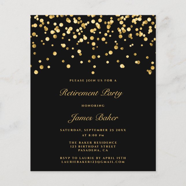 Budget Black & Gold Retirement Party Invitation Flyer (Front)