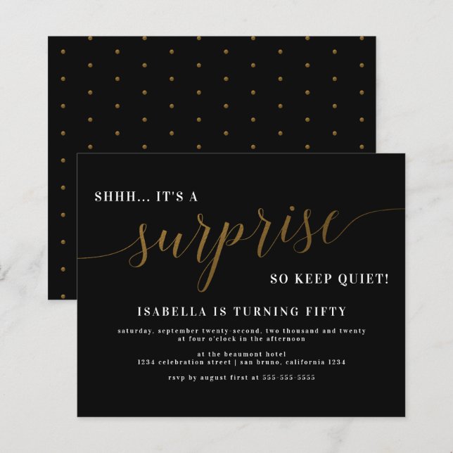 Budget Black & Gold Script Surprise Birthday Party (Front/Back)